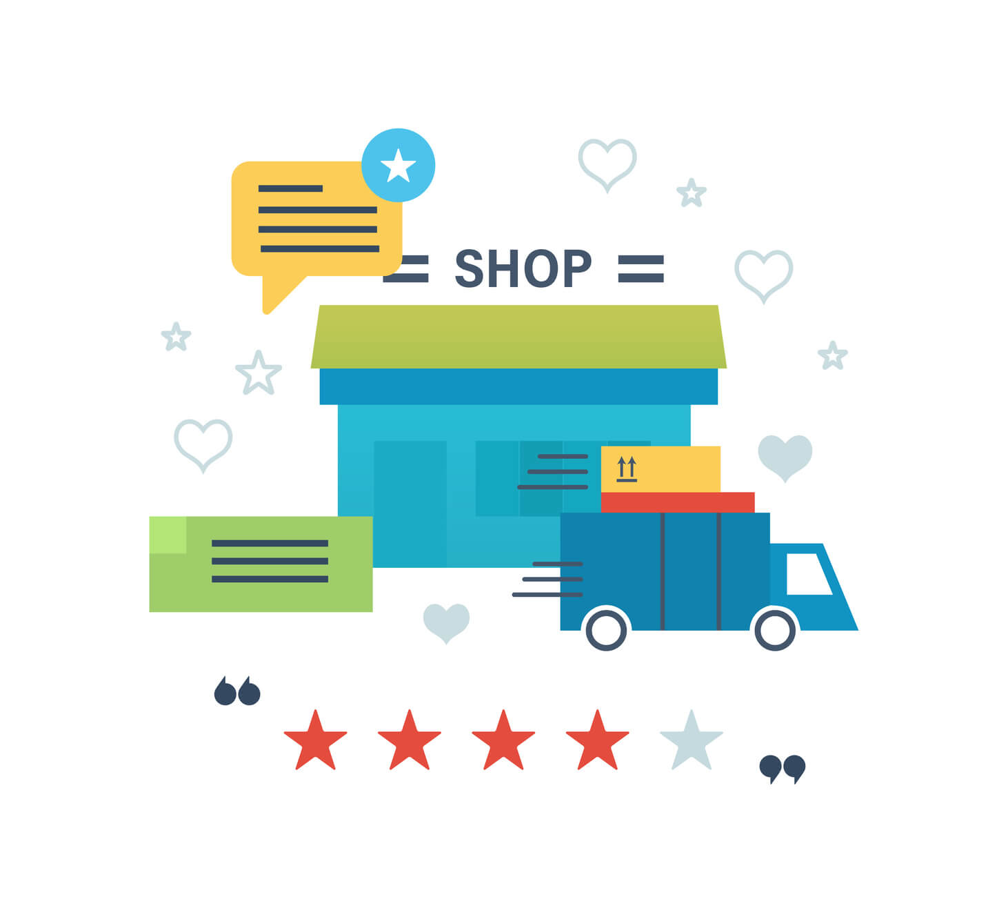 Concept illustration - online shopping, reviews and ratings work of store, delivery and products. Editable Stroke. Vector design for website, banner, printed materials and mobile app.