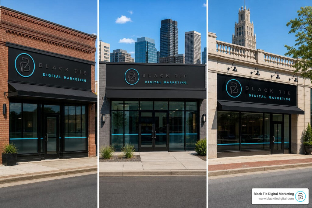 unified storefront design across multiple cities with consistent brand colors and signage
